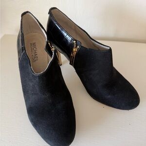 MICHAEL Michael Kors Black Suede & Croc-Trim Heel Booties with Gold Zipper
